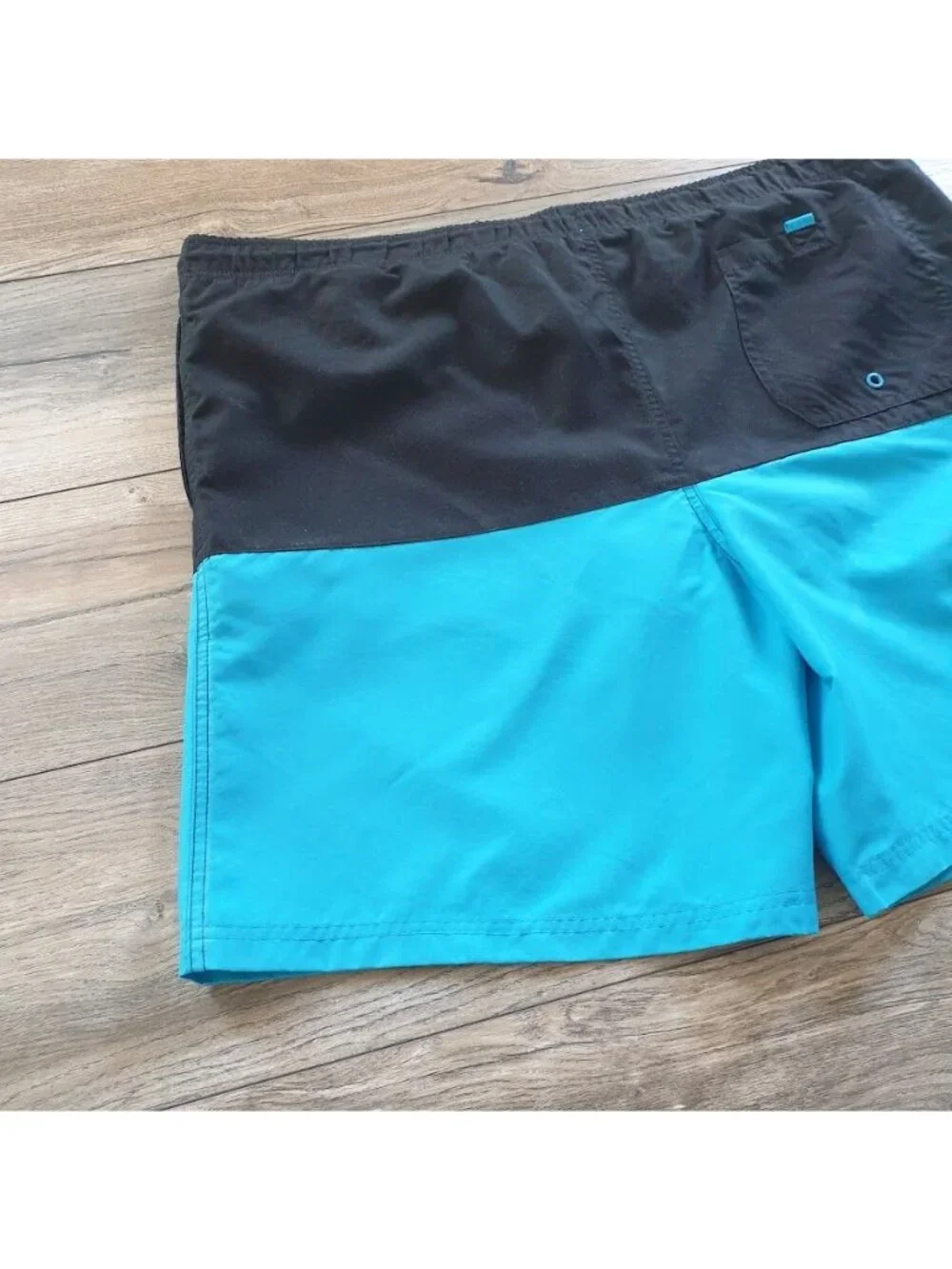 Faded Glory Mens Swim Trunks Large Colorblock Turquoise Black Drawstring Elastic